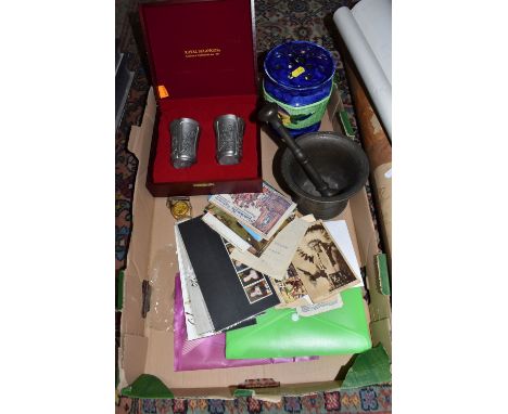 A BOX AND LOOSE METALWARE, EPHEMERA, AND SUNDRY ITEMS, to include a bronze singing bowl, a boxed pair of Royal Selangor pewte