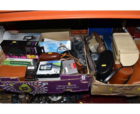TWO BOXES OF ASSORTED BINOCULARS, CAMERAS AND OTHER ITEMS, to include cased binoculars by Liebermann &amp; Gortz, Boots, Mira