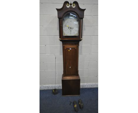 AN EARLY 19TH CENTURY MAHOGANY EIGHT DAY LONGCASE CLOCK, with twin swan neck pediment, flanking a brass finial, the arched gl