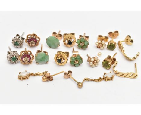 A SELECTION OF 9CT GOLD AND YELLOW METAL EARRINGS, to include a pair of white gold emerald and diamond cluster earrings, a pa
