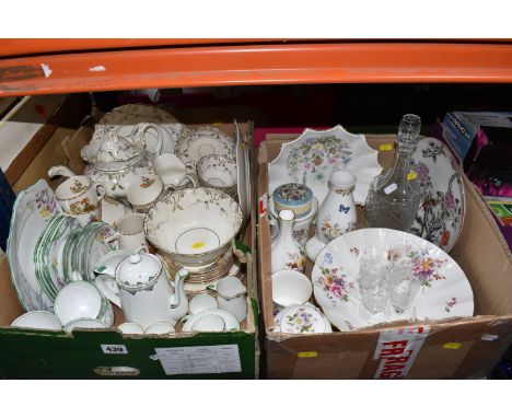 TWO BOXES OF MISCELLANEOUS CERAMICS, to include a footed Royal Crown Derby 'Derby Posies' bowl, a ginger jar, double handle c