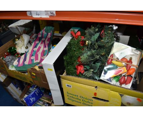 TWO BOXES AND LOOSE CHRISTMAS DECORATIONS AND ORNAMENTS to include two boxed artificial trees to include one fibre optic ligh