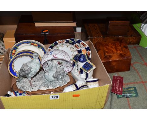 A BOX AND LOOSE VINTAGE CERAMICS, BOOKS, AND BOXES to include five vintage coffee cups with four saucers marked 'Tuscan China