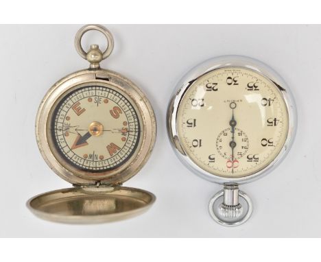 A MILITARY COMPASS AND A STOP WATCH, a white metal full hunter case, approximate case width 45mm, case signed 'MK VI (broad a
