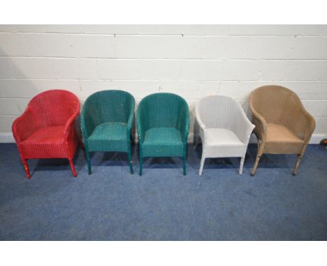FIVE PAINTED LLOYD LOOM WICKER CHAIRS, all varying in shape, size, style, colour, etc (condition report: all with marks, scuf