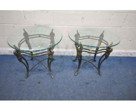TWO SIMILAR HEAVY METAL LAMP TABLES, one with a circular glass top, the other with an oval one, each corner with bird details
