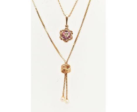 TWO 9CT GOLD PENDANT NECKLACES, the first with a ruby and diamond cluster pendant, fitted with a tapered bail, hallmarked 9ct