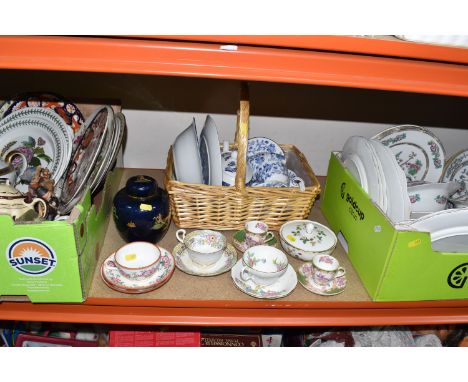 TWO BOXES AND LOOSE VINTAGE CERAMICS to include two Minton Green Cockatrice coffee cups with saucers, a mid-nineteenth centur