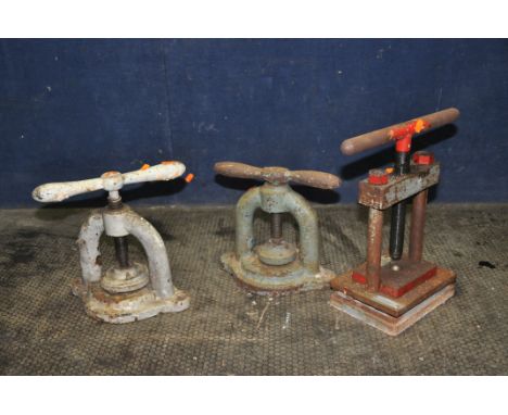 THREE VINTAGE ENGINEERS PRESSER including two with cast iron frames, the third with a machined frame all with screw adjustmen