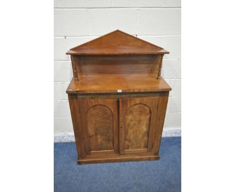 A VICTORIAN MAHOGANY CHIFFONIER, the raised back with a single shelf, turned supports, atop a base with double cupboard doors