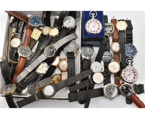 A BOX OF ASSORTED WATCHES, a selection of wristwatches, names to include The West End Watch co, Garrard, Genova, Services, Sw