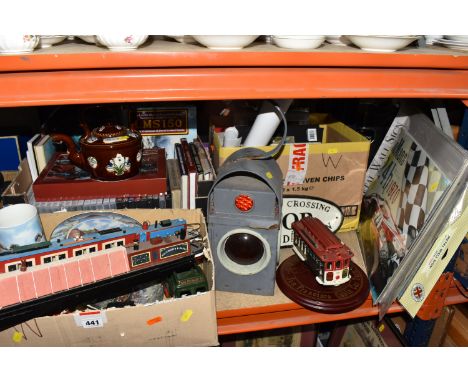 THREE BOXES AND LOOSE MISCELLANEOUS, to include steam railway books and DVDs, a cast iron sign saying 'Railroad Crossing STOP