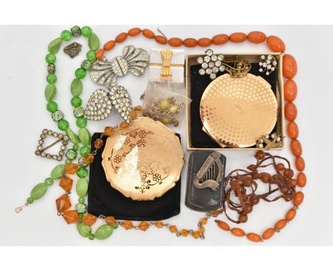 A BOX OF ASSORTED ITEMS, to include a silver harp brooch, hallmarked Birmingham 1888, approximate gross weight 2.9 grams, fou