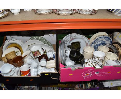 FIVE BOXES OF MISCELLANEOUS CERAMICS, to include, a selection of dinnerware items to include names, Ridgway ironstone, Crown 