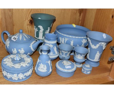 ELEVEN PIECES OF WEDGWOOD JASPERWARE, comprising one jade Jasperware pedestal vase, height  19cm (chipped base), together wit