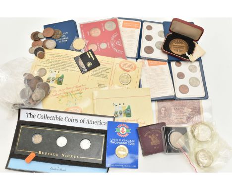 A CARDBOARD BOX CONTAINING A SMALL AMOUNT OF MAINLY UK COINAGE, to include a July 1941 currency note Malaya 50 Cents (soiled)