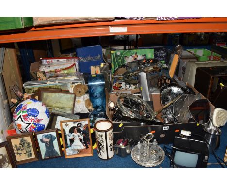 FIVE BOXES AND LOOSE MISCELLANEOUS ITEM, to include various sized pictures some framed some canvas approximately fifteen, a r