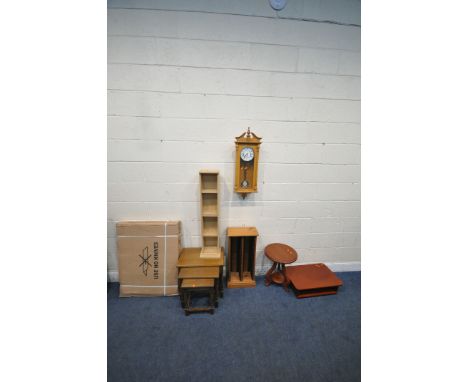 A SELECTION OF OCCASIONAL FUNITURE, to include an oak nest of three tables, two cd racks, an occasional table, a record cabin