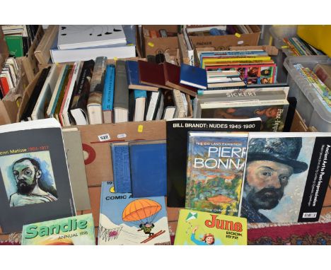 FOUR BOXES OF BOOKS, to include annuals, Tammy, Beano etc. artist books, a large The Art Museum Phaidon book, impressionism, 