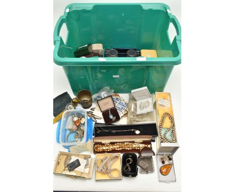 A BOX OF ASSORTED SILVER AND WHITE METAL JEWELLERY AND OTHER ITEMS, to include a silver belcher link chain with spring clasp 