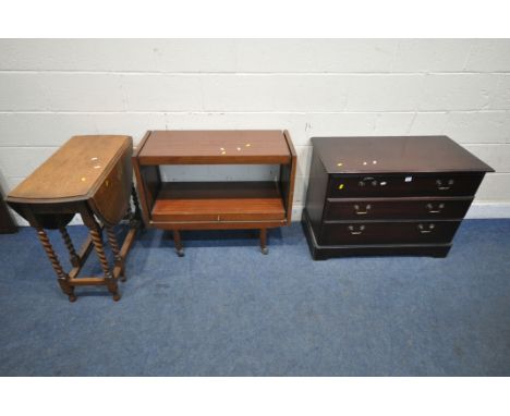 A LATE 20TH CENTURY MAHOGANY CHEST OF THREE LONG DRAWERS, width 92cm x depth 47cm x height 69cm, an oak barley twist gate leg