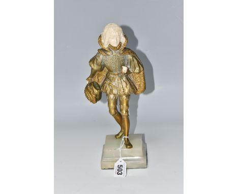 A RENE-PAUL MARQUET BRONZE AND IVORY FIGURE, of a young renaissance man holding a plumed feather hat, fitted with a carved iv