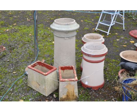 A COLLECTION OF VINTAGE CHIMNEY TOPPERS AND POTS, all painted including a pair of round pots, 54cm high, a pair of rectangula