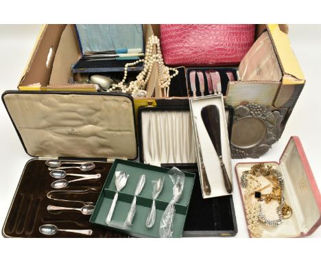 A BOX OF ASSORTED ITEMS, to include a silver handled button hook and shoe horn, hallmarked Birmingham, a selection of incompl