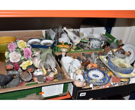 THREE BOXES OF ORNAMENTS to include a group of crested ware, a small group of Murano glass paperweights, a boxed pair of Roya