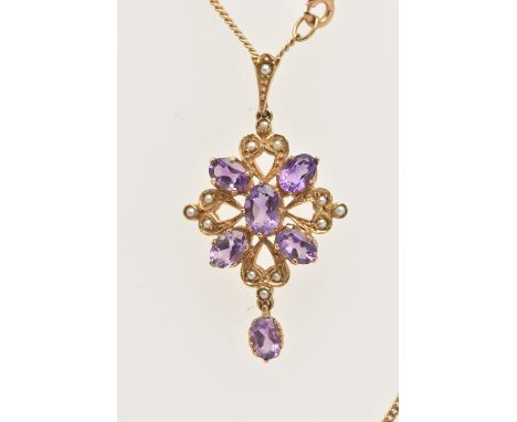 A 9CT GOLD AMETHYST AND SPLIT PEARL PENDANT WITH CHAIN, the pendant set with five oval cut amethyst and an oval cut amethyst 