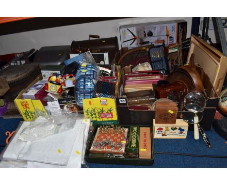 THREE BOXES AND LOOSE MISCELLANEOUS, to include two vintage typewriters, old singer sewing machine in wooden case, two boxed 