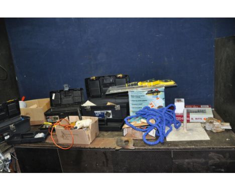 THREE PLASTIC TOOLBOXES AND A BOX CONTAINING TOOLS including a drill bit set, a saw set, a vintage Black and Decker drill and