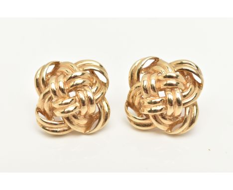 A PAIR OF 9CT GOLD QUATREFOIL EARRINGS, of an open work woven design, fitted with posts and lever back fittings for pierced e
