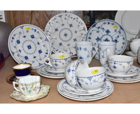 A QUANTITY OF MOSTLY 'DENMARK' PATTERNED CERAMICS comprising a group of 'Furnivals' items comprising four teacups, three sauc