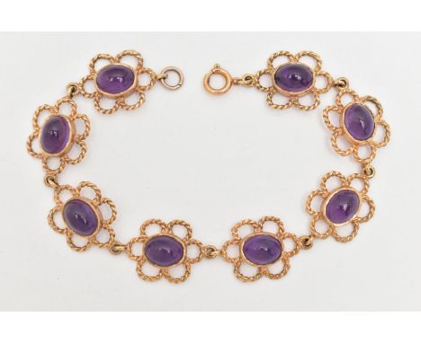 A 9CT GOLD AMETHYST LINE BRACELET, designed as a series of open work, rope twist floral links each set with a central amethys