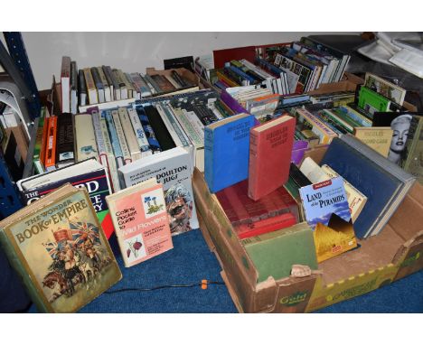 FIVE BOXES OF BOOKS, subject include, antiquarian books, a Biggles first edition 'second case', gardening, history, antiques,