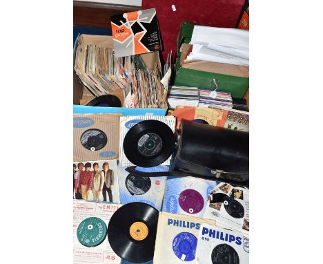 TWO BOXES AND LOOSE LPS, CDS, to include a box of vintage mostly 60s 45 RPM singles (some with central disc removed), to incl