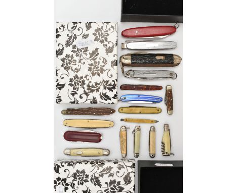 AN ASSORTMENT OF POCKET KNIVES, seventeen pocket knives, including a 'Victorinox' pocket knife (condition report: used condit