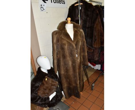 A GROUP OF EIGHT VINTAGE FUR JACKETS, STOLE AND TWO SHOP MANNEQUINS, comprising a fur clutch bag, a brown mink fur stole and 
