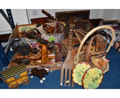 THREE BOXES AND LOOSE MISCELLANEOUS ITEMS AND TREEN to include a vintage dressmakers dummy, approximate height 150cm, a quant