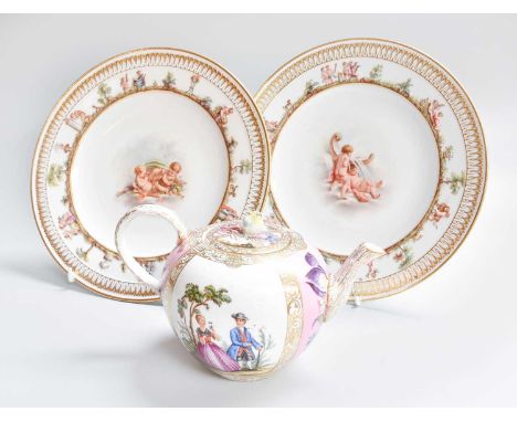 An Early 20th Century Meissen Teapot, floral painted with panels of courting couples, together with a pair of later Meissien 