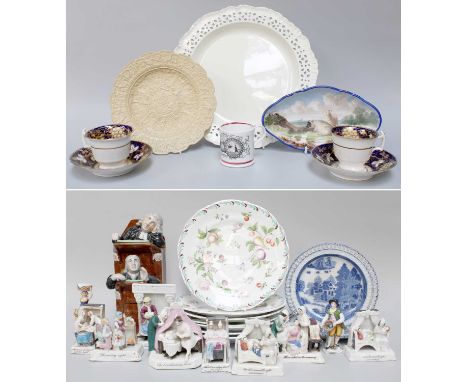 Assorted European Ceramics, including a set of set of Davenport porcelain plates, Chelsea replacements, with feather borders 