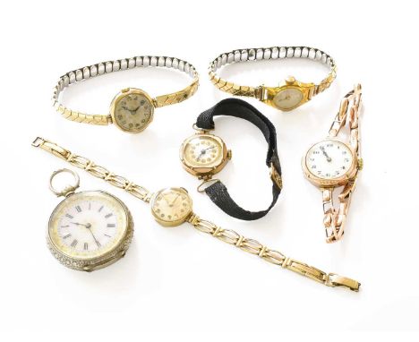 A Lady's 9 Carat Gold Rolex Wristwatch, a lady's 9 carat gold wristwatch , three plated lady's wristwatches and a fob watch, 