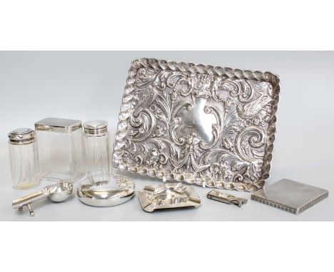 A Collection of Assorted Silver, including an oblong dressing-table tray, stamped with birds within foliage and on a matted g