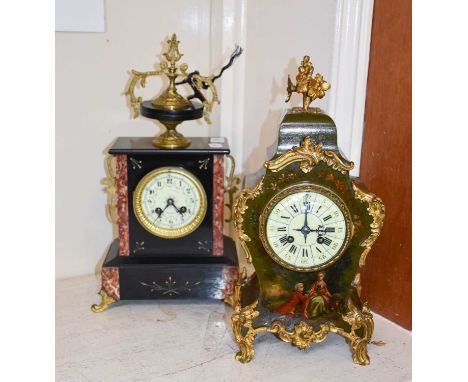 A Victorian Black Slate and Marble Striking Mantel Clock, 42cm high, together with a French gilt metal mounted and painted st