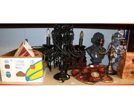 Quantity of Modern Decorative Items, including a black three light table lamp, compostion bust of Beethoven, large oriental j