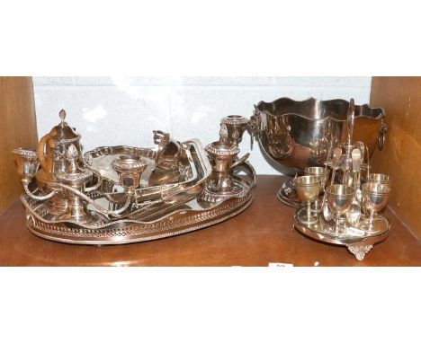 A Collection of Assorted Silver Plate, including a pair of three-light candleabra; an oval gallery tray with gadrooned border