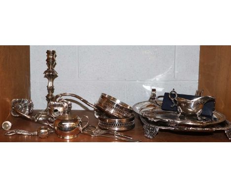 A Collection of Assorted Silver Plate, including a three-light candleabra in the George II style; a pair of wine-coasters; tw