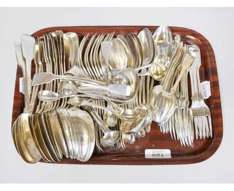 A Collection of George III and Later Silver Flatware, Fiddle pattern, some pieces engraved with various initials or crests, c