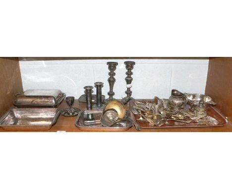 A Collection of Assorted Silver and Silver Plate, the silver comprising a pair of Elizabeth II silver candlesticks and a set 